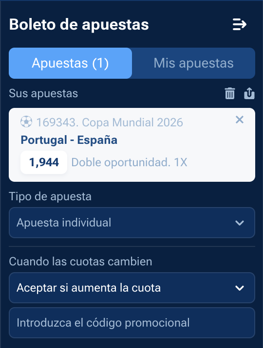 Interface do bet slip espanhol