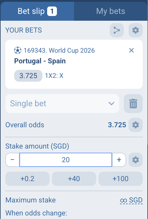 Interface do bet slip inglês